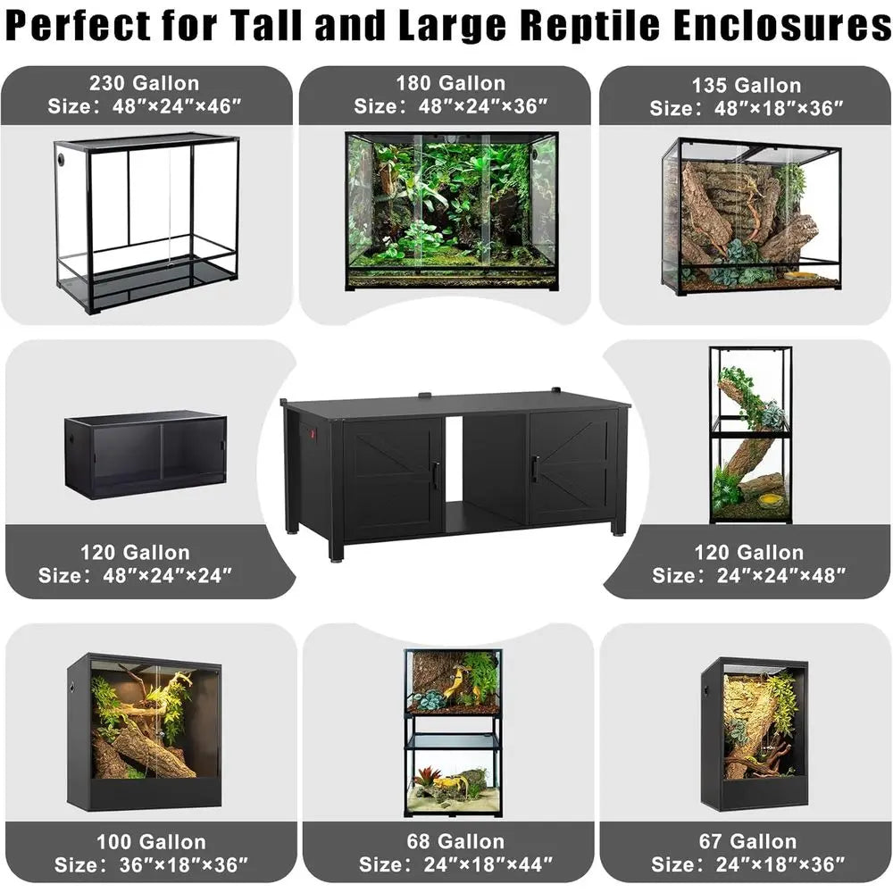 Reptile Tank Stand or 120–230 Gallon Terrariums – Tall Enclosures or Stacked 4x2x2 PVC Tanks – Furniture-Style Cabinet with Stor