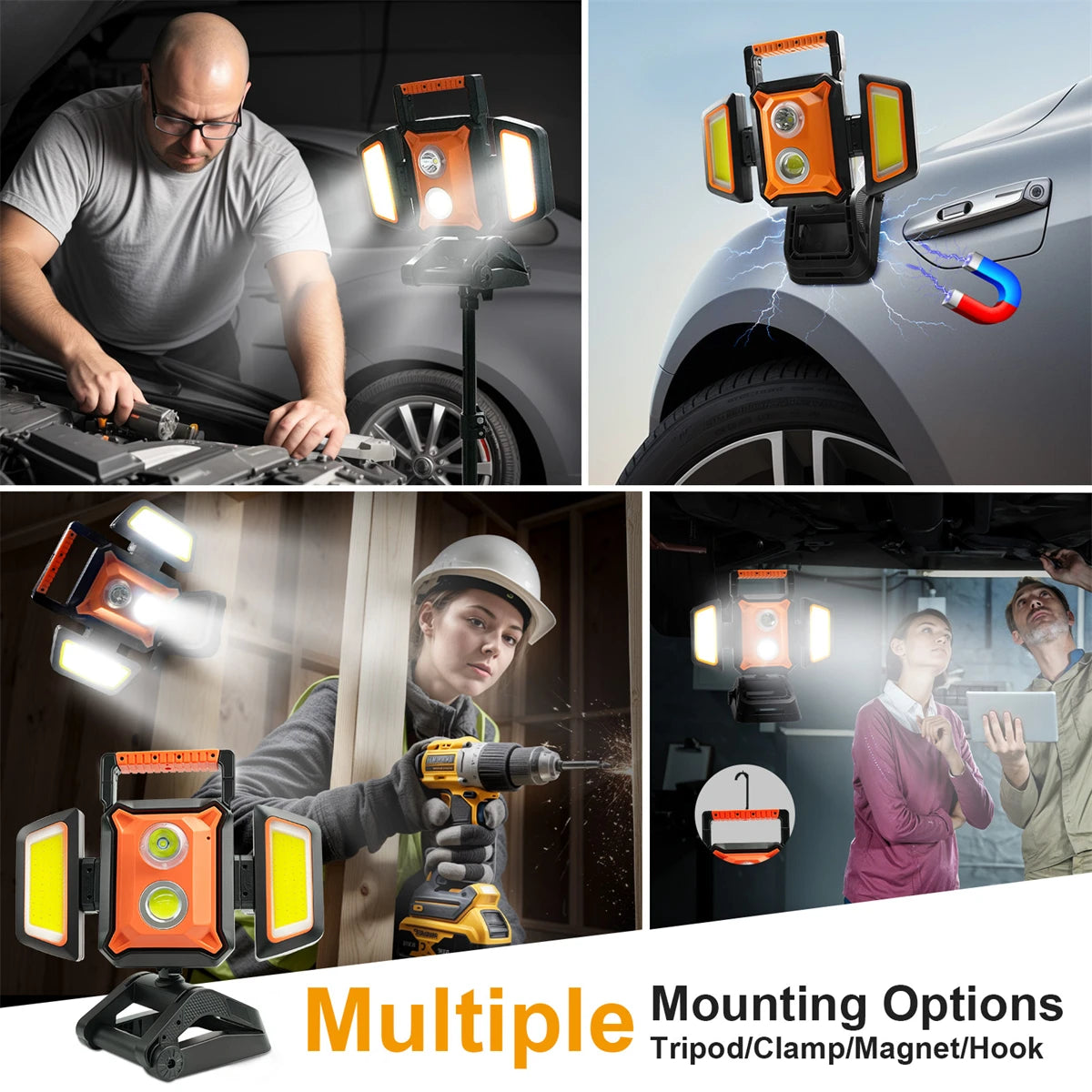 4000LM Magnetic & Clamp LED Work Light Rechargeable,4400mAh Portable FloodLight with 5 Modes,For Workshop, Car Repair,Emergency