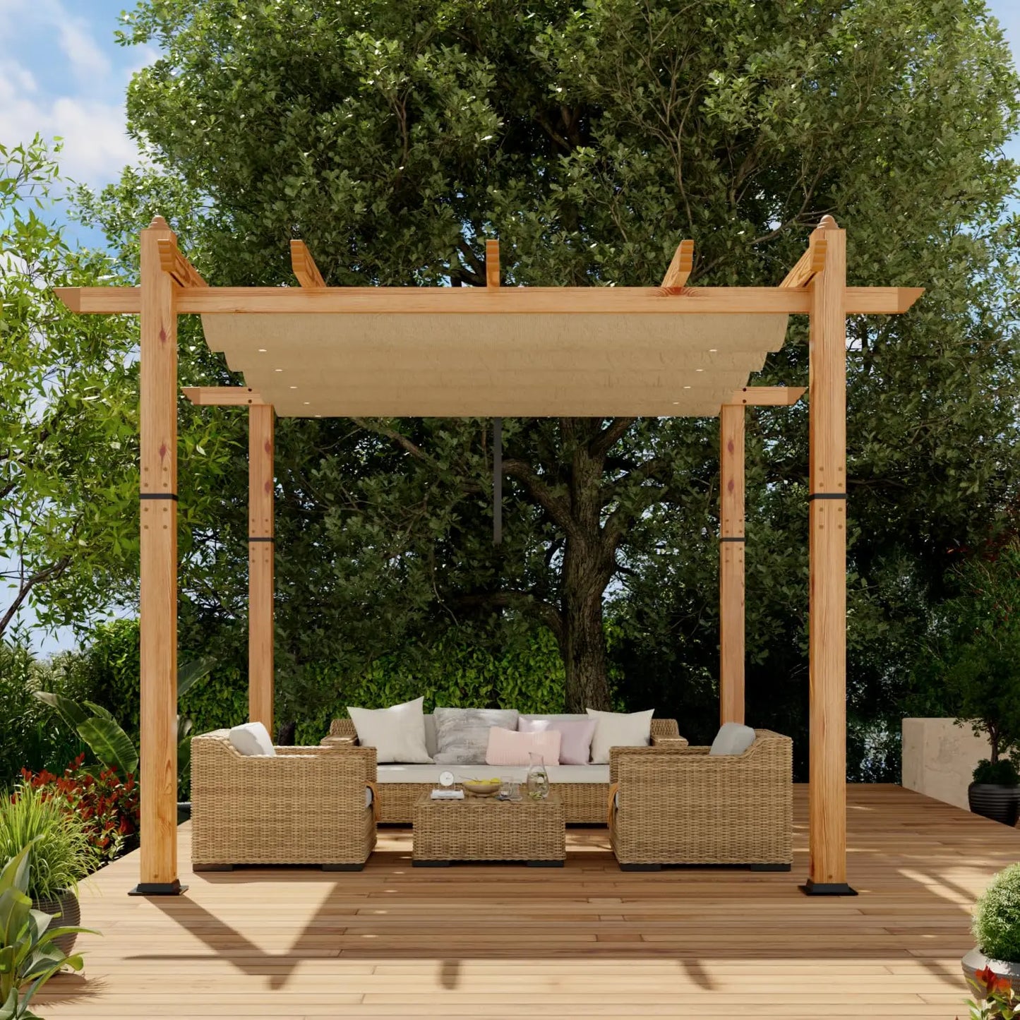 Aluminum Faux Wood Outdoor Pergola With Retractable Canopy