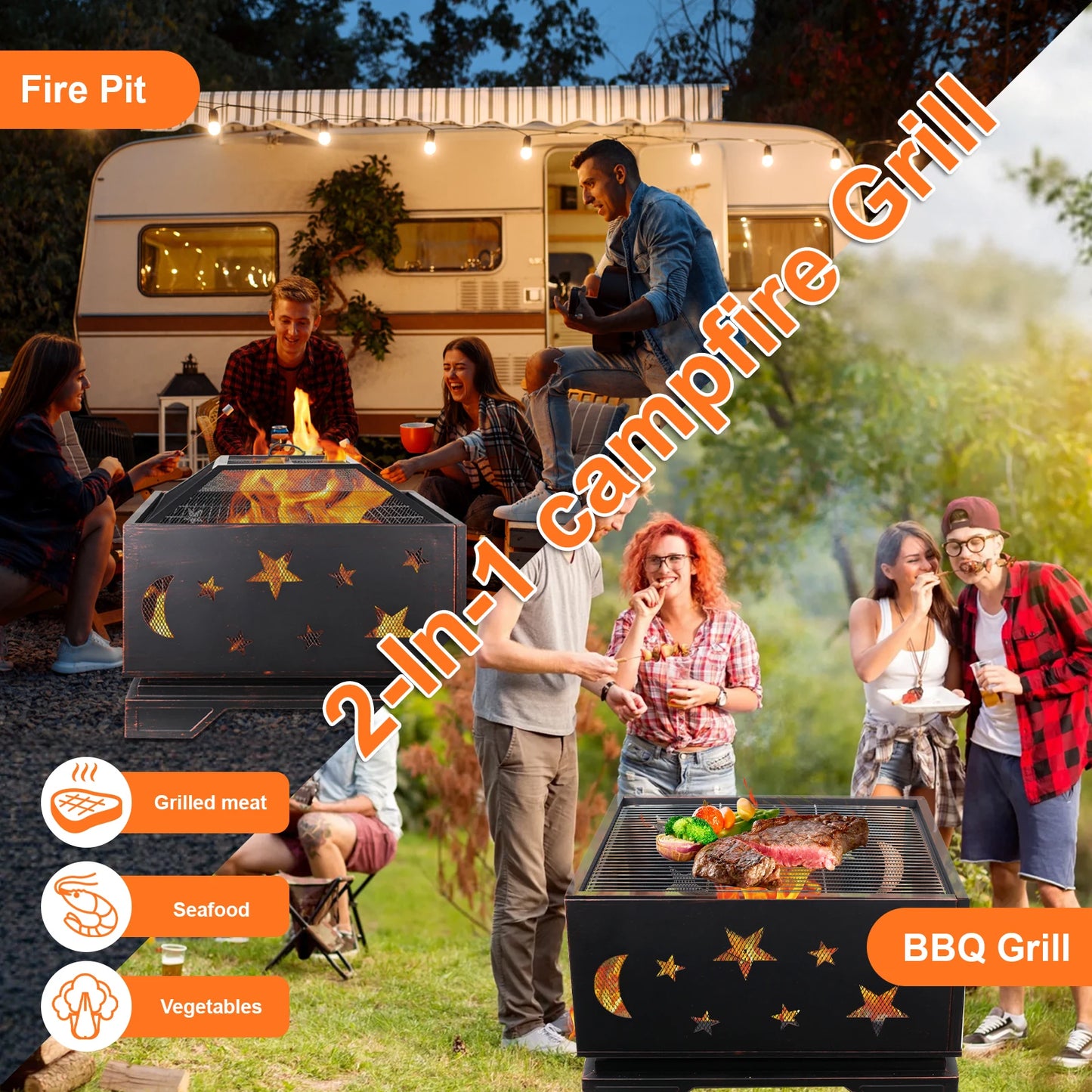 Square Wood Burning Fire Pit With Grill And Spark Screen
