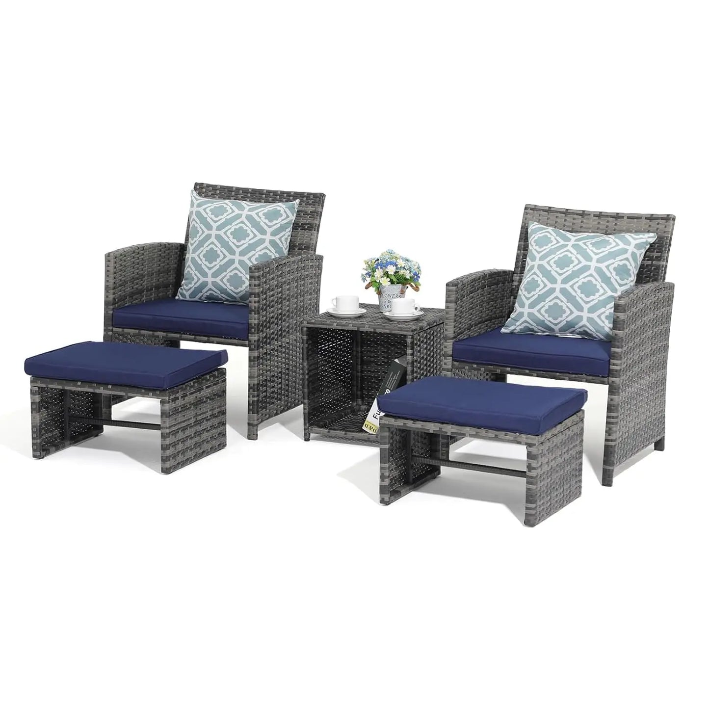 5 Piece Patio Set Wicker Outdoor Conversation Chair And Ottoman