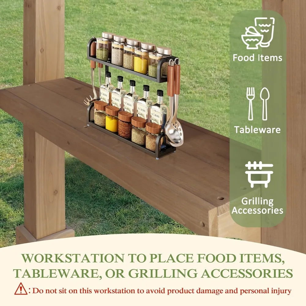 Wooden Grill Gazebo Sloping Metal Hard Top 2 Side Shelves Outdoor Patio Lawn Garden Backyard, Custom
