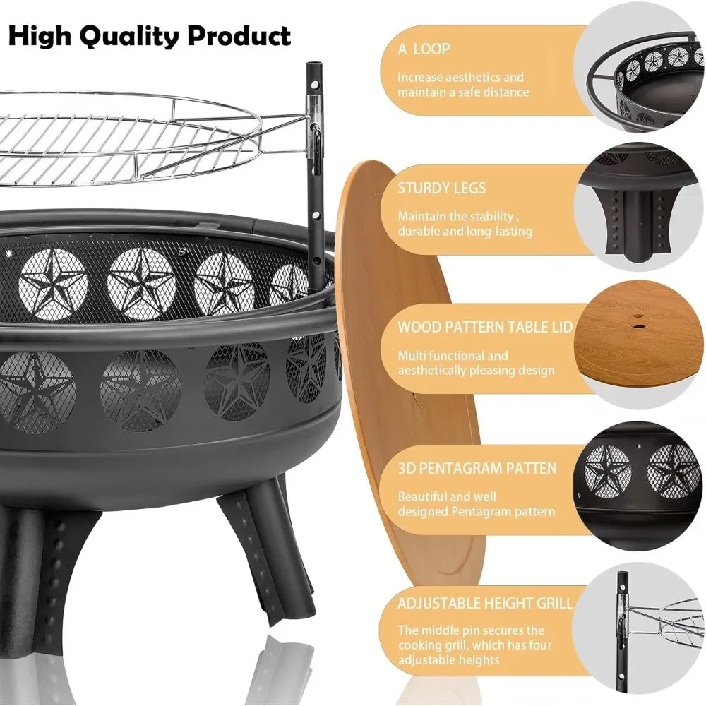 32 Inch Fire Pit with Swivel Cooking Grate,3-in-1 Wood Burning Firepit with Grill,Outdoor Fire Pits Table with Metal Customized