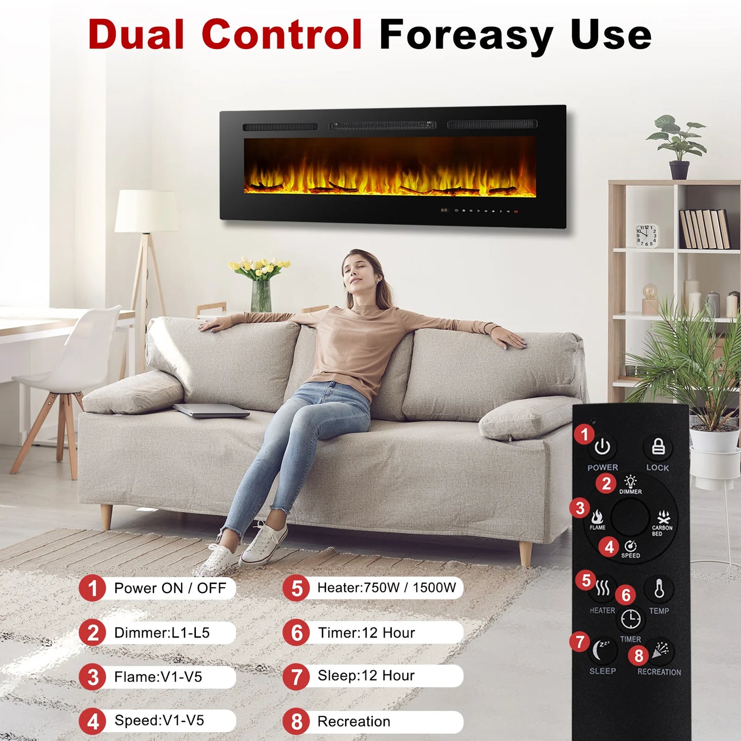 Electric Fireplace Recessed and Wall Mounted Low Noise Remote
