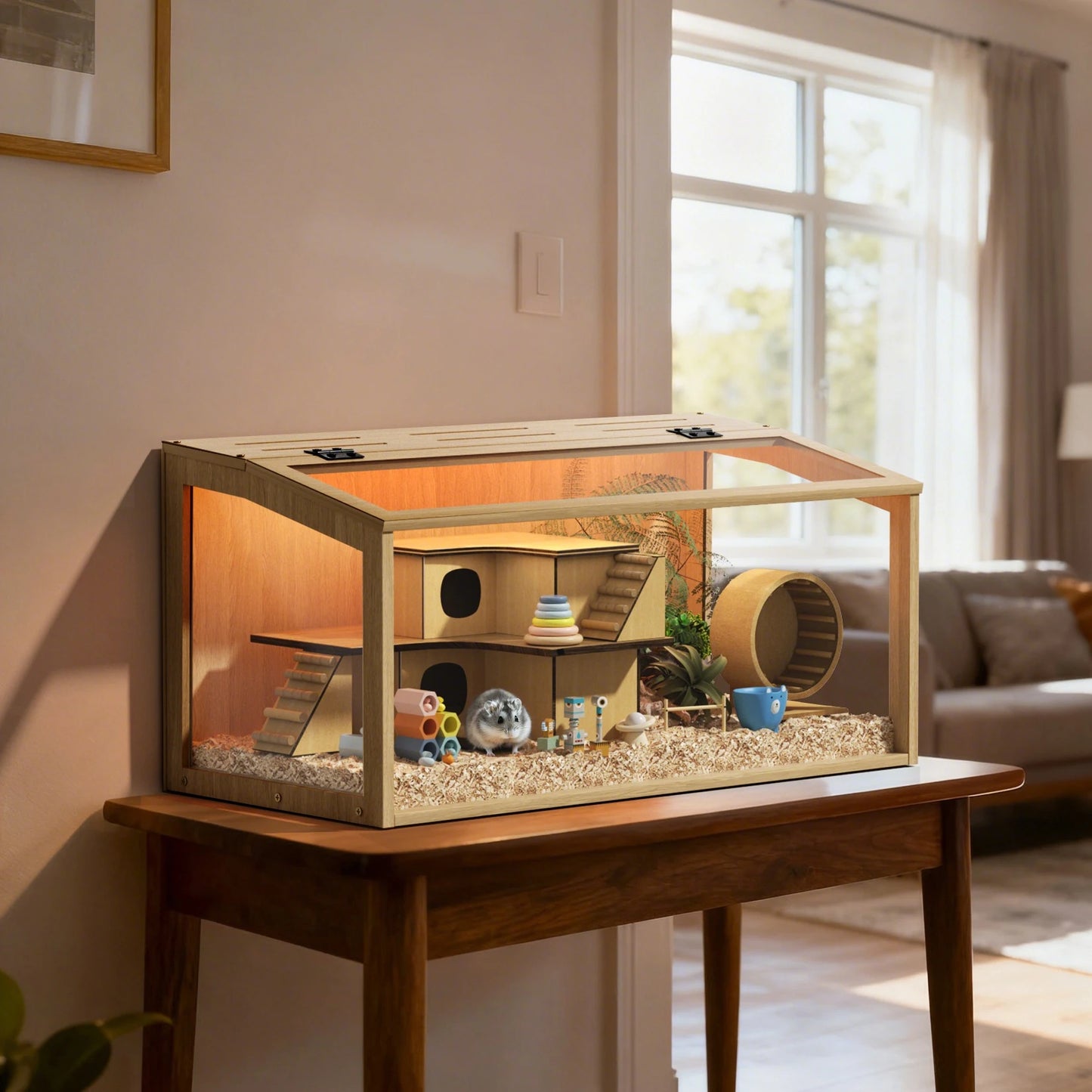 NONECN Wooden Hamster Cage With Glass Panels And Open Top