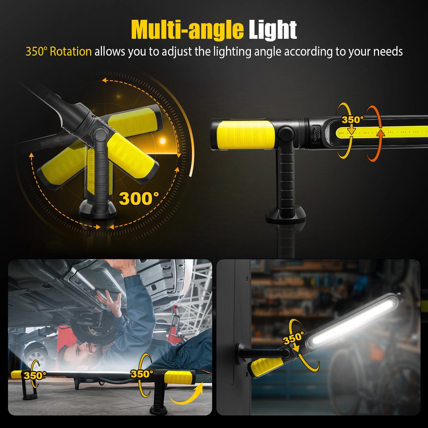 Dual Magnetic Work Lights 2 in 1, 2400LM Rechargeable Underhood Light,360° Rotation with Hooks for Car Repair, Garage, Emergency