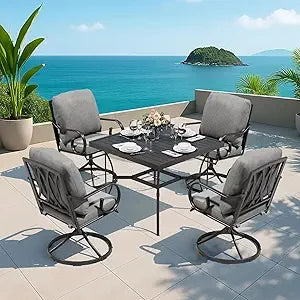 5 Pcs Outdoor Dining Set, 4 Swivel Rocker Chairs with Thick Cushions & Square Dining Table with Umbrella Hole, Patio Furniture