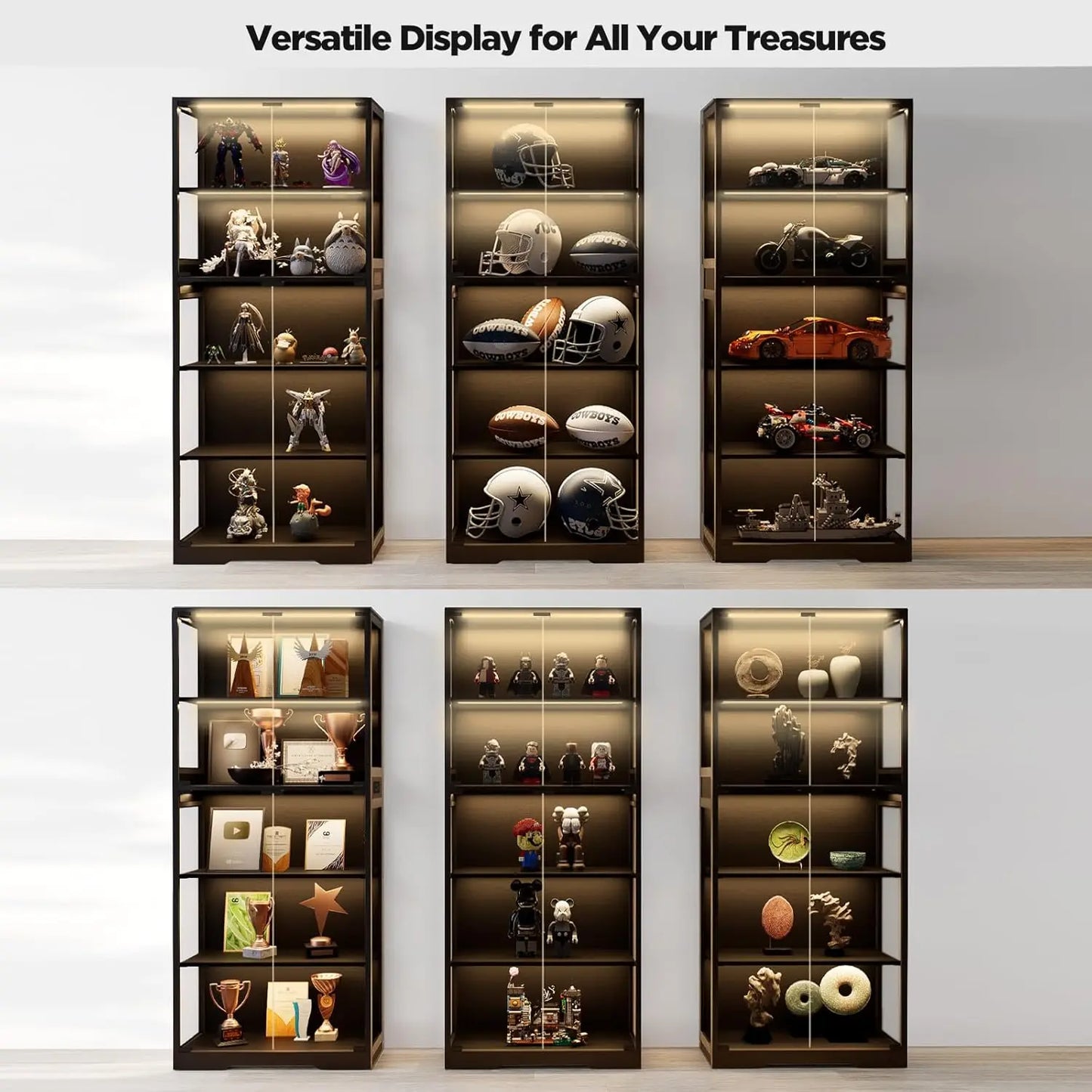 5-Tier Display Cabinet, Bookcase with Glass Doors, Dimming LED Lights & Motion Sensor, for Collectible Figures, Customized