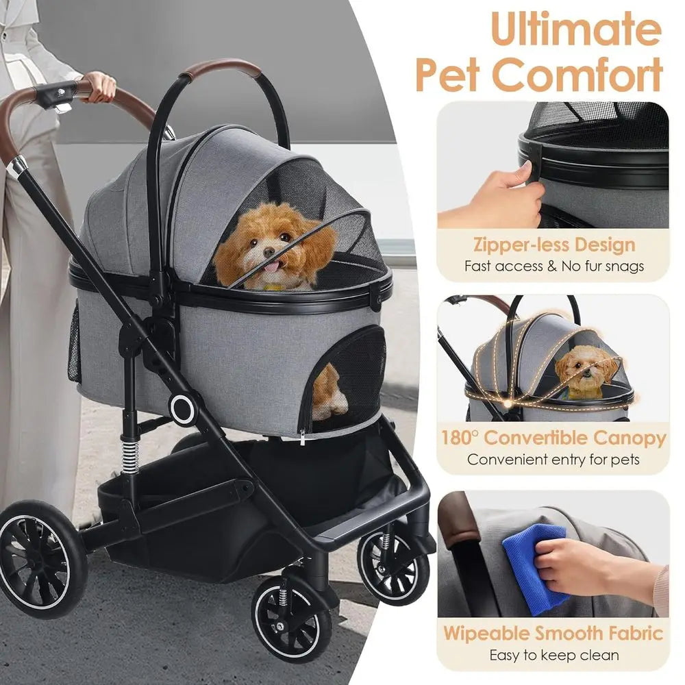 4-Wheel Folding Pet Stroller for Small/Medium Dogs & Cats up to 50lbs, Lightweight Travel Carrier with Detachable Cushion