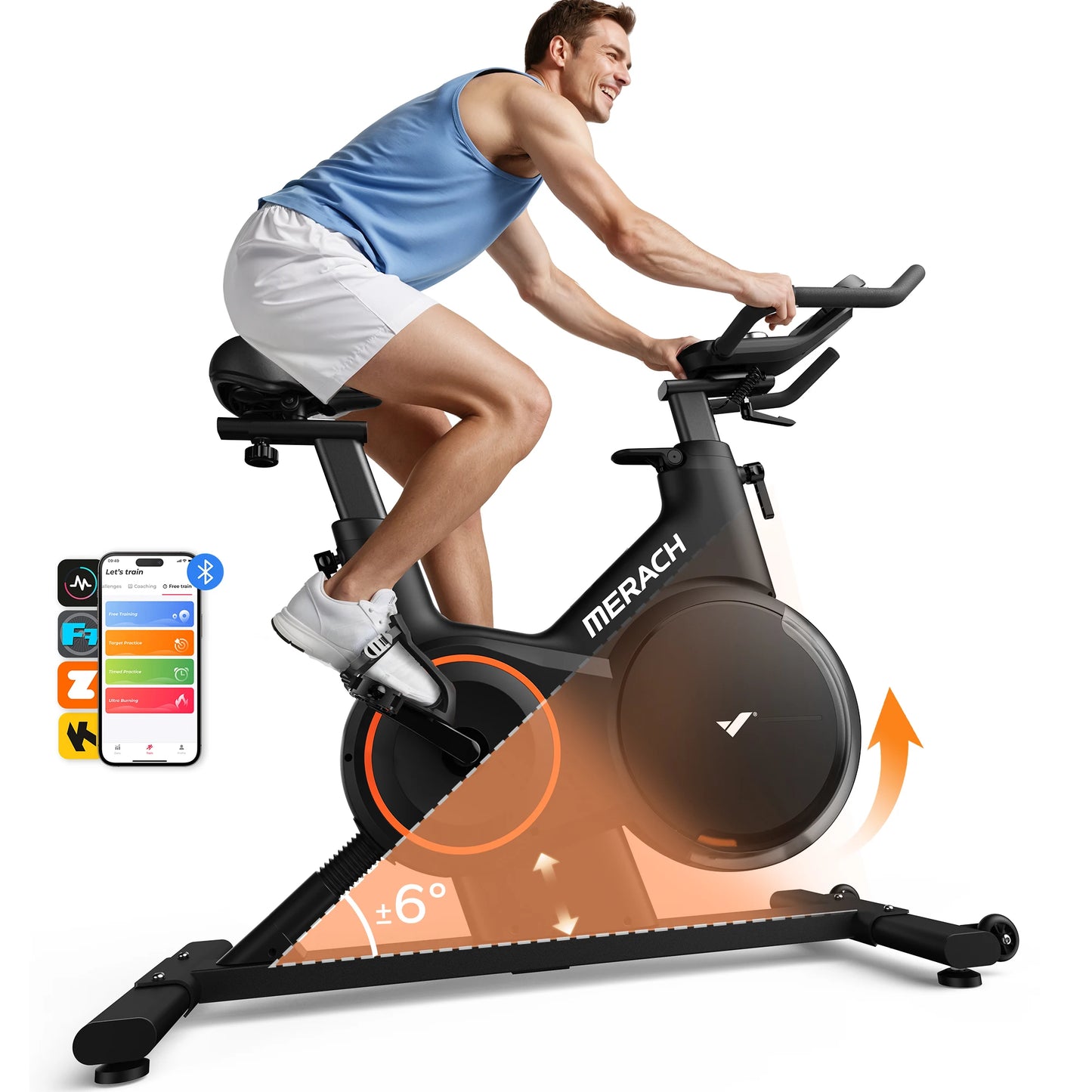MERACH Exercise Bike Smart Magnetic Stationary Bike Indoor Cycling Adjustable Incline ±6° Grade Level Capacity Home Weight Loss