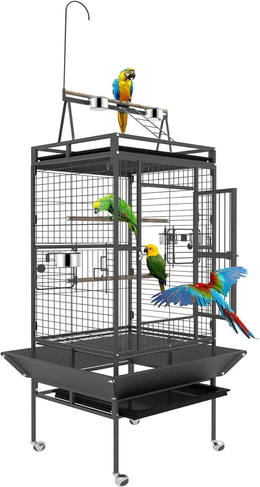 82 Inch Bird Cage, Bird Flight Cages with Rolling Stand & Bottom Tray, Wrought Iron Parrot Cage with