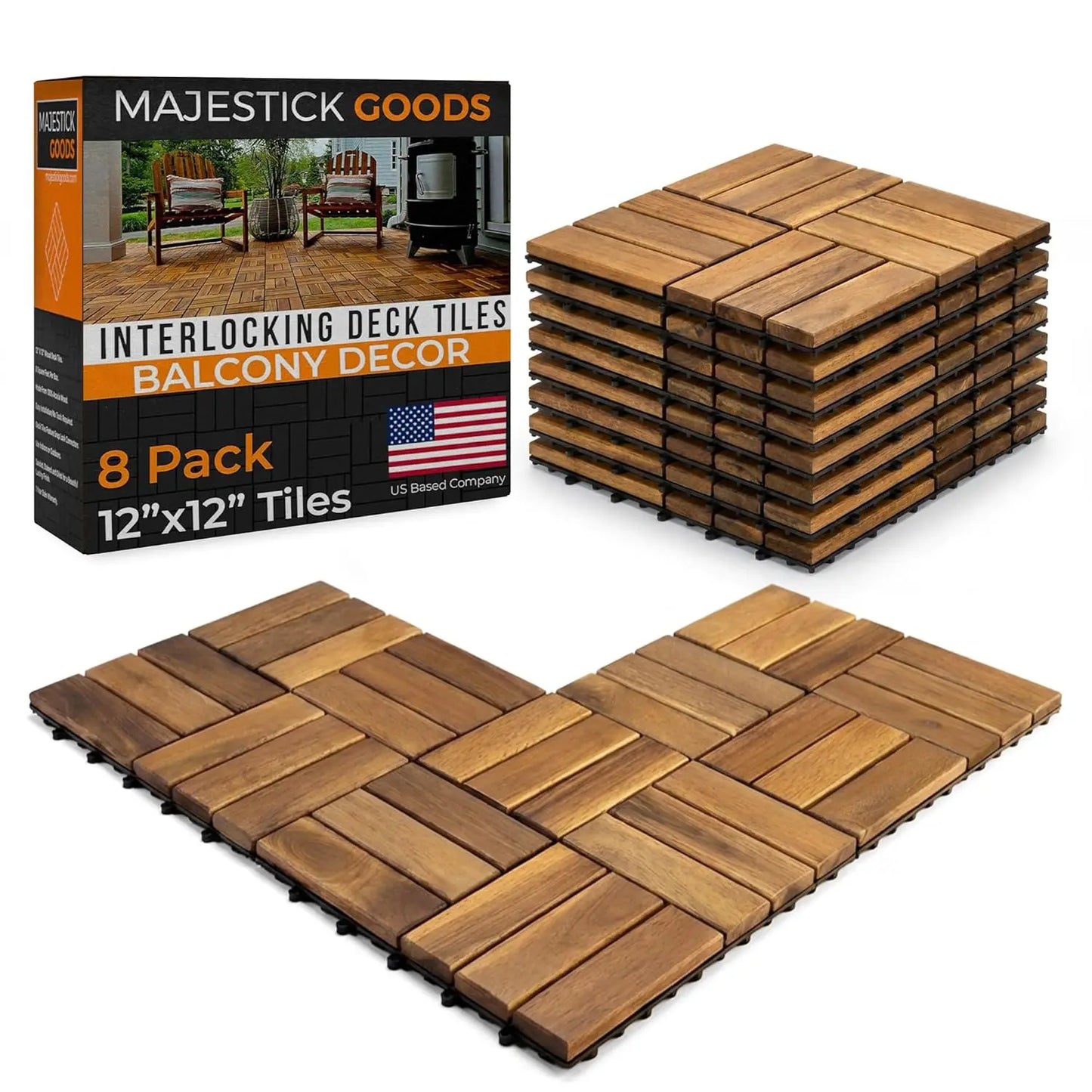 Interlocking Slat Deck Tiles 12'x12'– Stylish Patio Tiles for Outdoor Flooring–Durable Acacia Wood