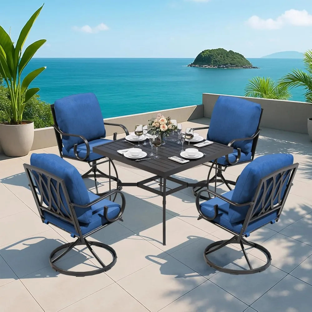 5 Pcs Outdoor Dining Set, 4 Swivel Rocker Chairs with Thick Cushions & Square Dining Table with Umbrella Hole, Patio Furniture