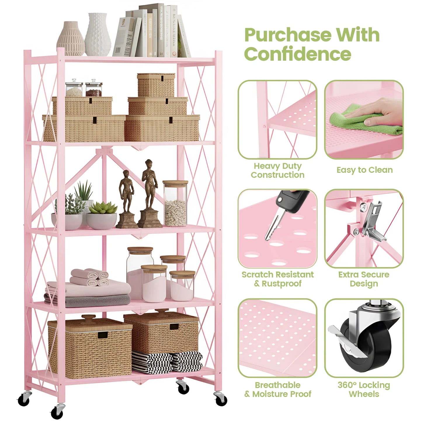 Five-Tier Foldable Storage Shelf Organizer With Wheels For Garage Kitchen