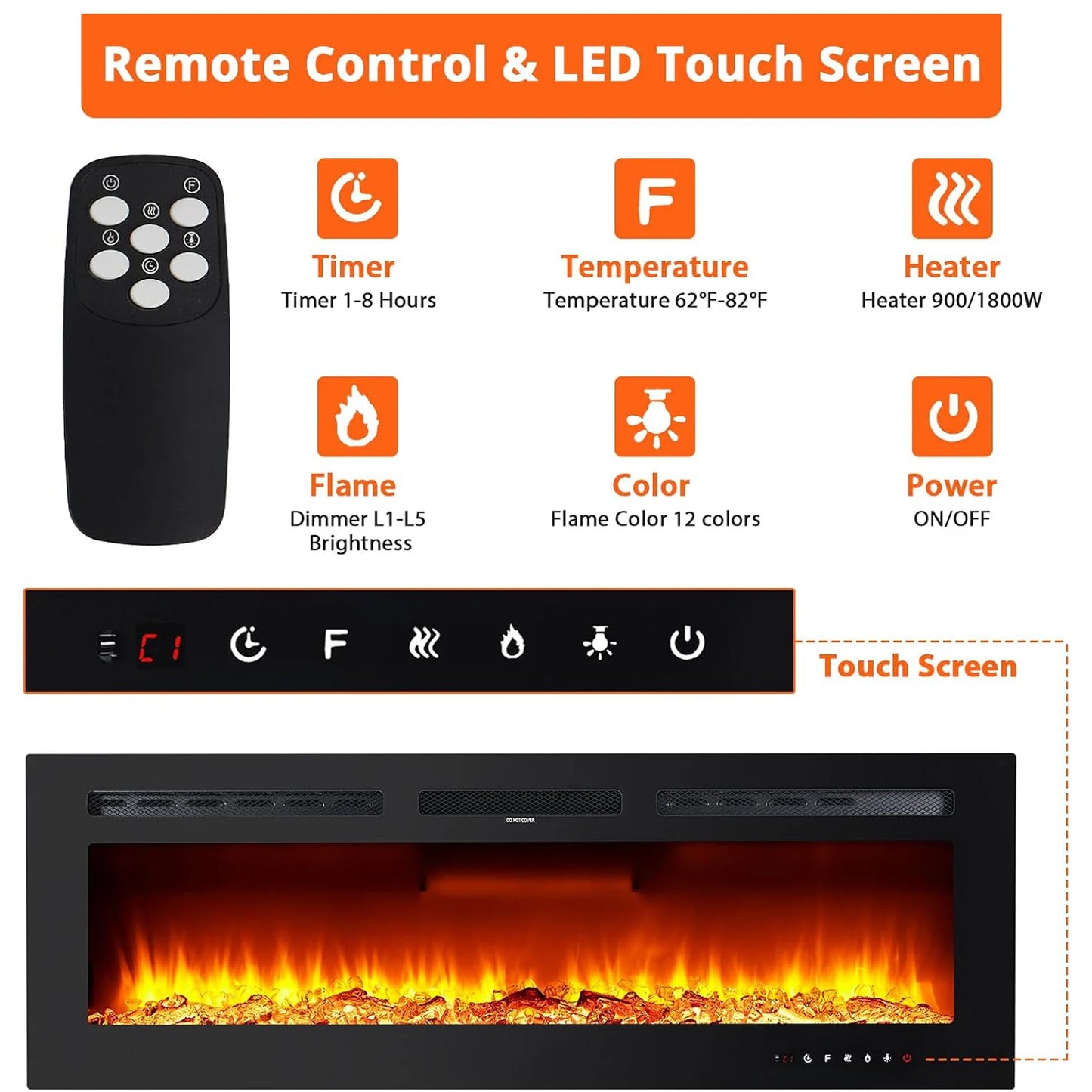 Acekool Electric Fireplace With Remote Touch Screen Wall Mount