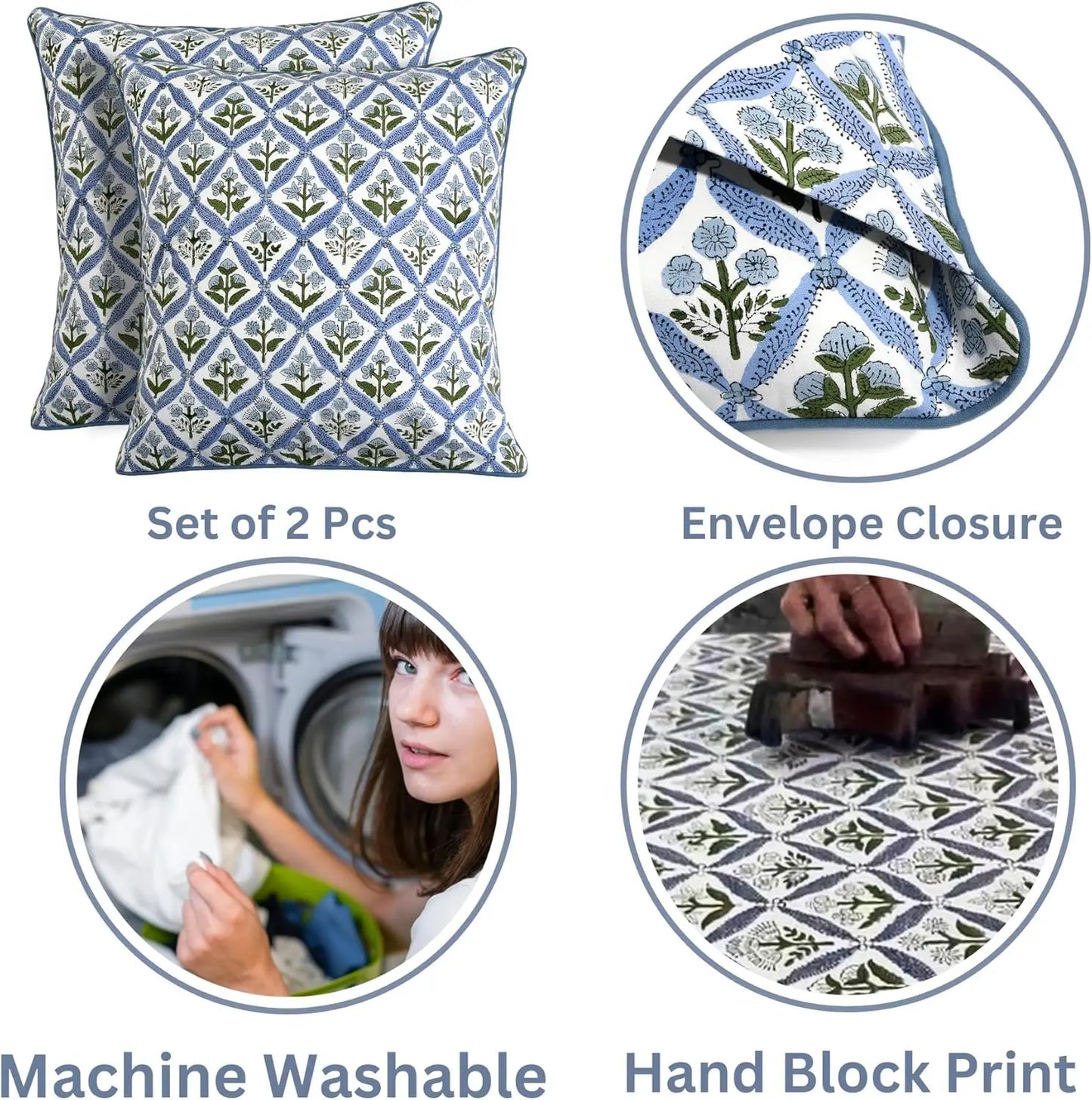 Light Steel Blue Block Print Pillow Cover 20x20 Inches Pack of 2, Decorative Boho Couch Pillows for Living Room and Outdoor Use