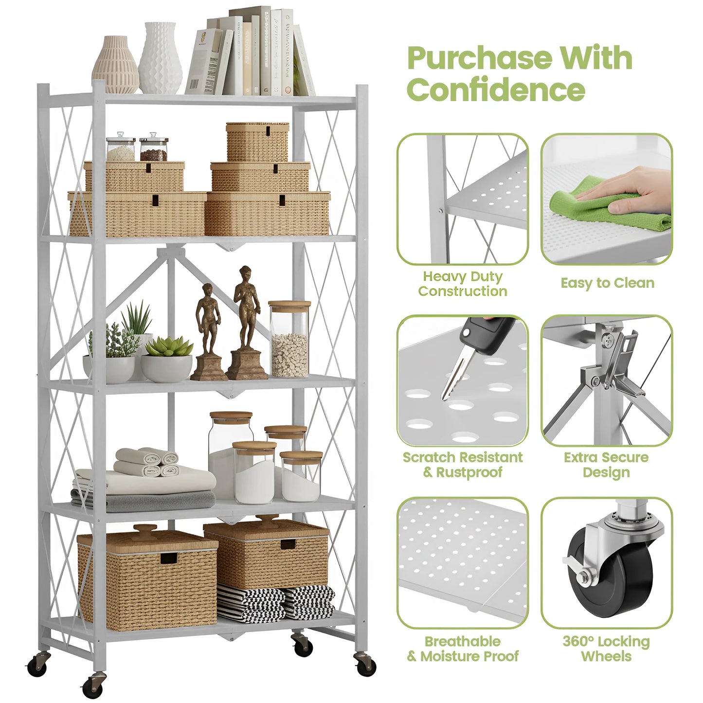 Five-Tier Foldable Storage Shelf Organizer With Wheels For Garage Kitchen