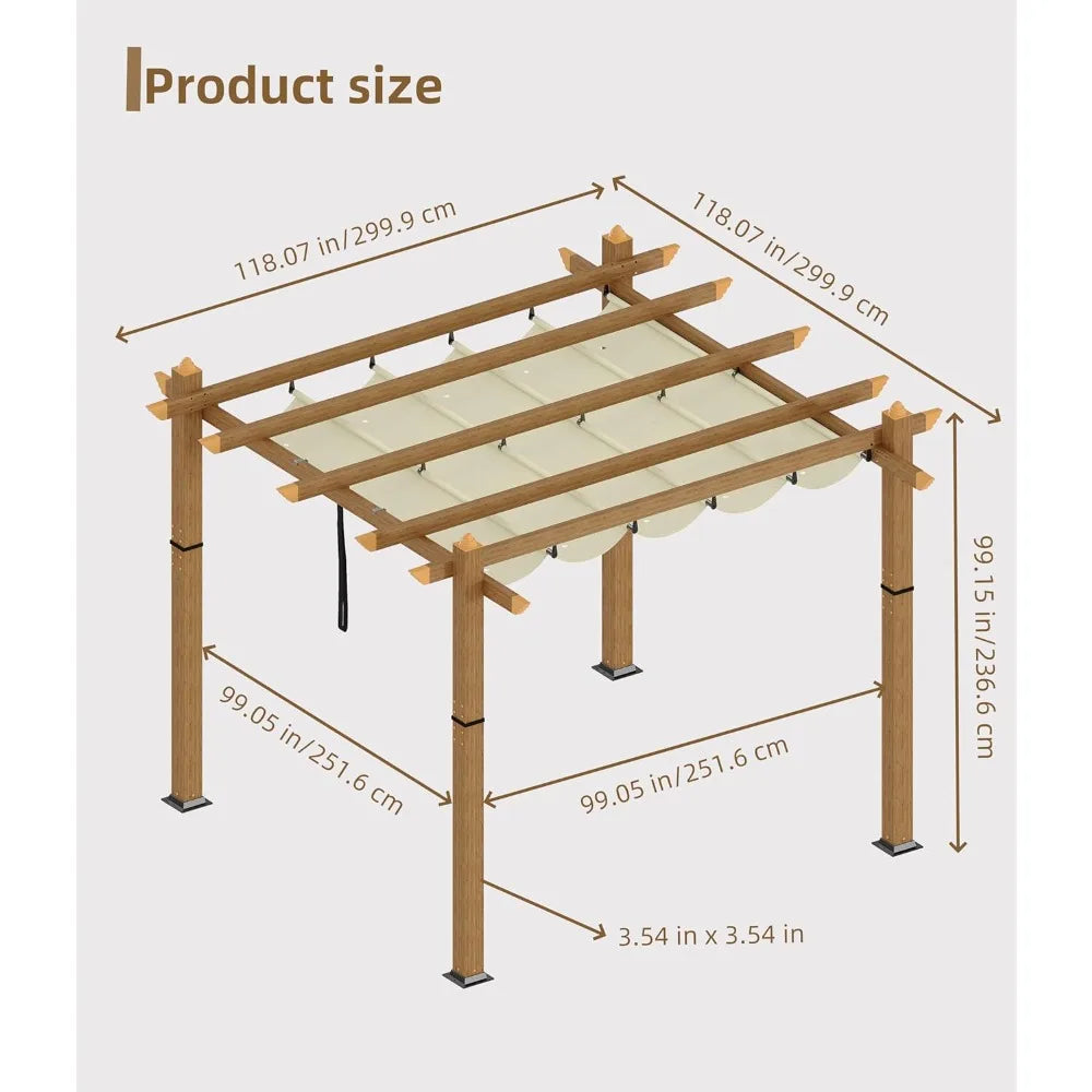 Aluminum Faux Wood Outdoor Pergola With Retractable Canopy