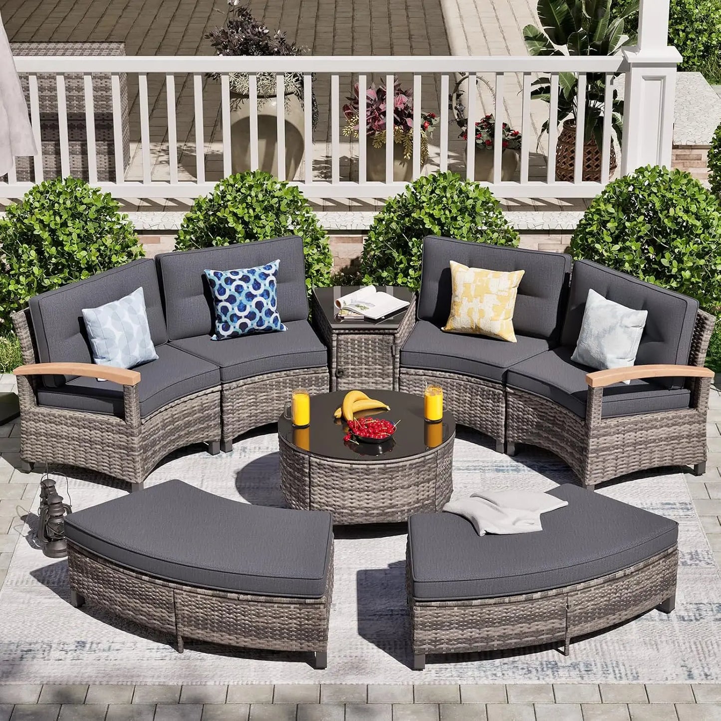 8 Piece Outdoor Patio Furniture Set, Half-Moon Curved Sectional Set With Wood Armrests, Patio Conversation Set, 2, Customized