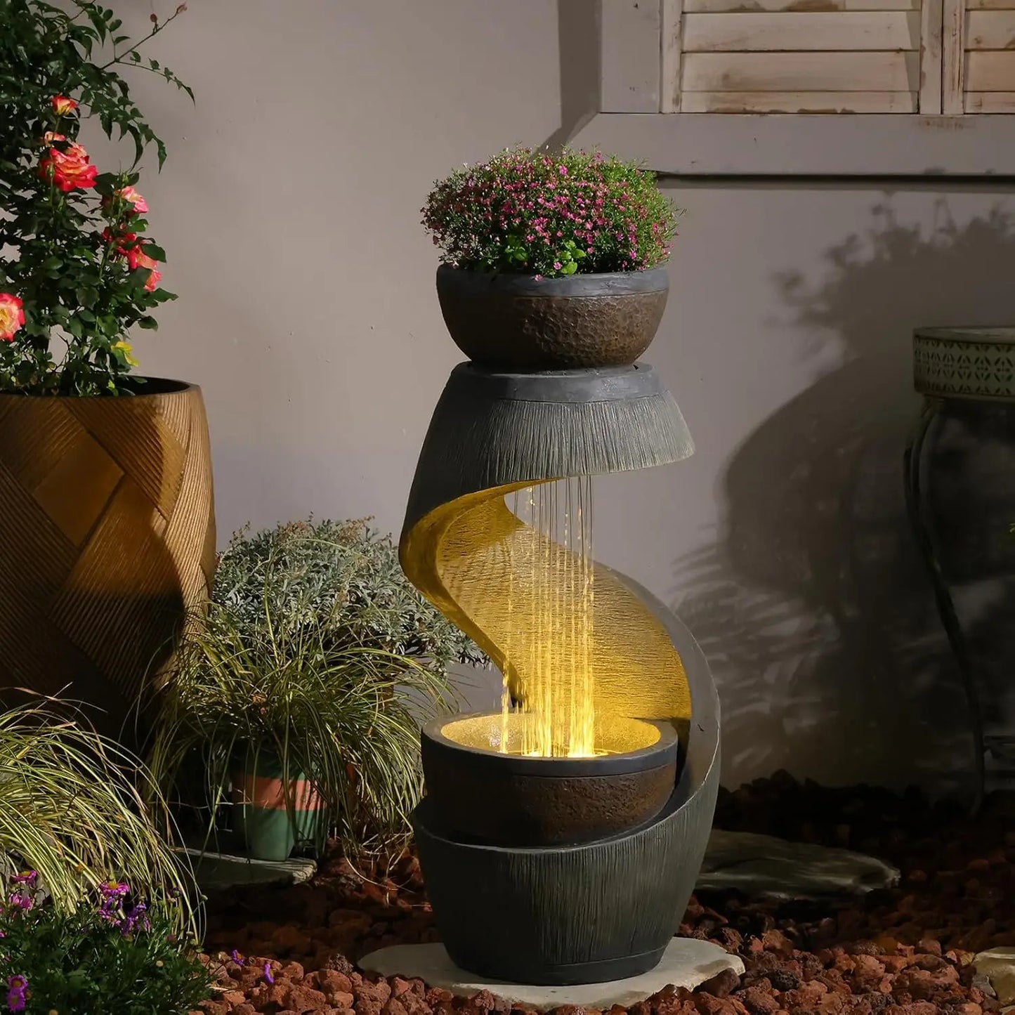 319 Inch S Shaped Outdoor Water Fountain Modern Cascading Waterfall Led Lights Planter Bowl Patio Balcony Yard Home Decor Resin