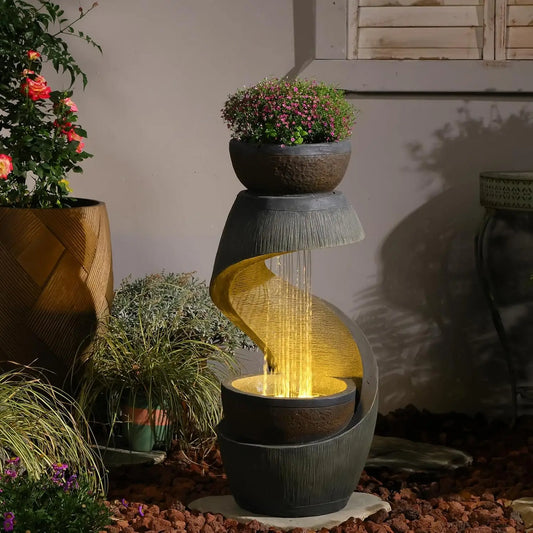 319 Inch S Shaped Outdoor Water Fountain Modern Cascading Waterfall Led Lights Planter Bowl Patio Balcony Yard Home Decor Resin