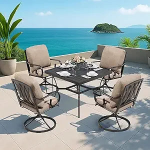 5 Pcs Outdoor Dining Set, 4 Swivel Rocker Chairs with Thick Cushions & Square Dining Table with Umbrella Hole, Patio Furniture