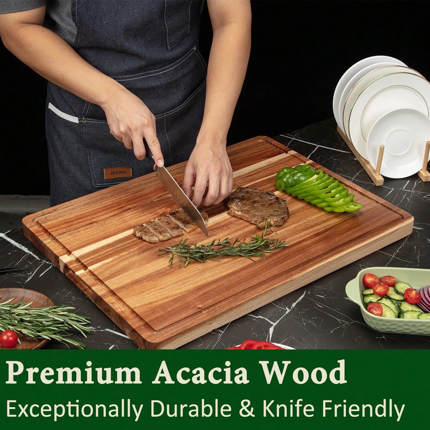 Acacia Wood Cutting Board With Juice Groove Reversible