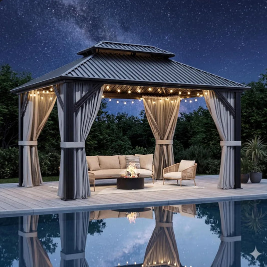 Hardtop Gazebo Aluminum Frame Double Galvanized Steel Roof Curtain & Netting Patio Backyard Deck Outdoor Canopy, Custom