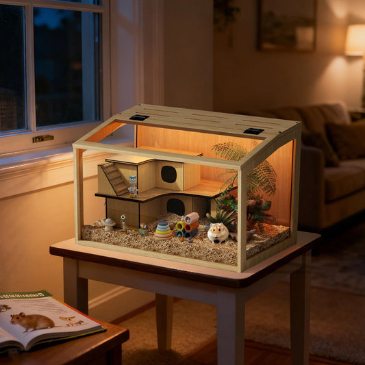 NONECN Wooden Hamster Cage With Glass Panels And Open Top