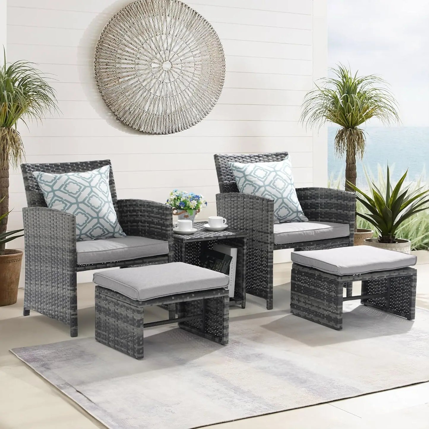 5 Piece Patio Set Wicker Outdoor Conversation Chair And Ottoman
