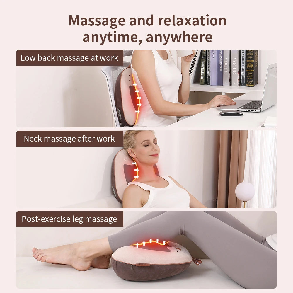 Back Neck Massager Electric Waist Massager Heated Vibration Lumbar Muscle Massage Relaxation Pain Relief Massage Throw Pillow