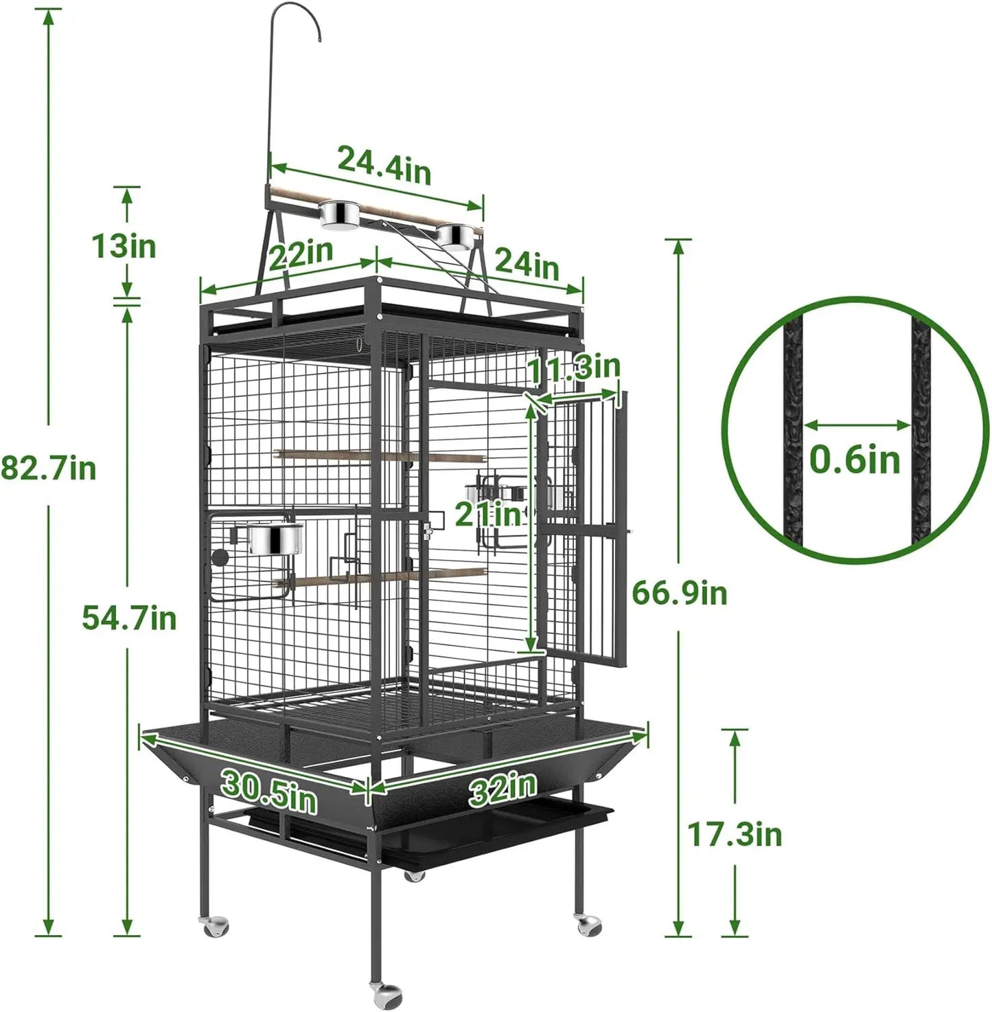 82 Inch Bird Cage, Bird Flight Cages with Rolling Stand & Bottom Tray, Wrought Iron Parrot Cage with