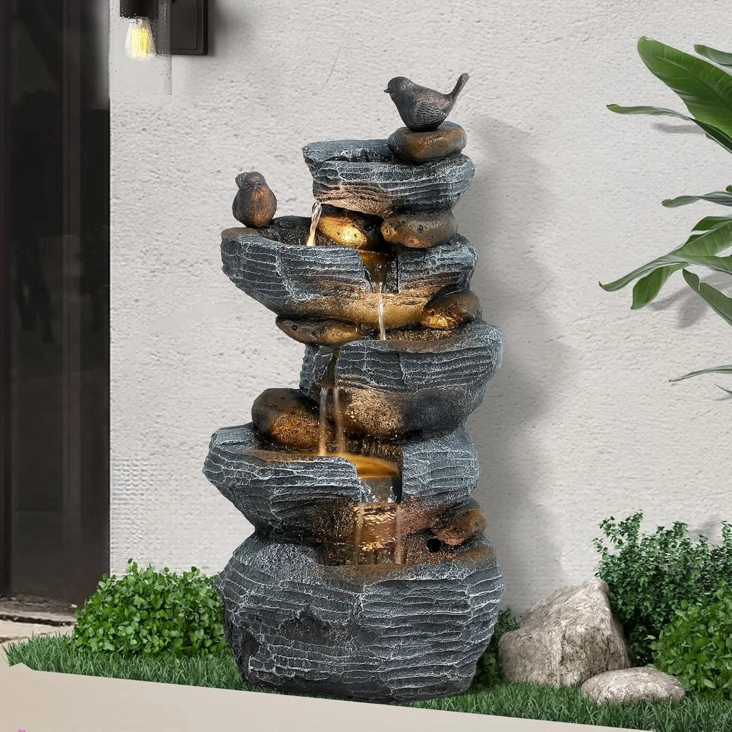 5-Tiers Cascading Rock Water Fountain Outdoor - Waterfalls Fountains with LED Lights, Outdoor/Indoor Resin Water Feature Fountai