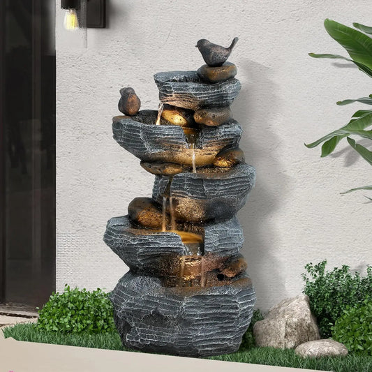 5-Tiers Cascading Rock Water Fountain Outdoor - Waterfalls Fountains with LED Lights, Outdoor/Indoor Resin Water Feature Fountai
