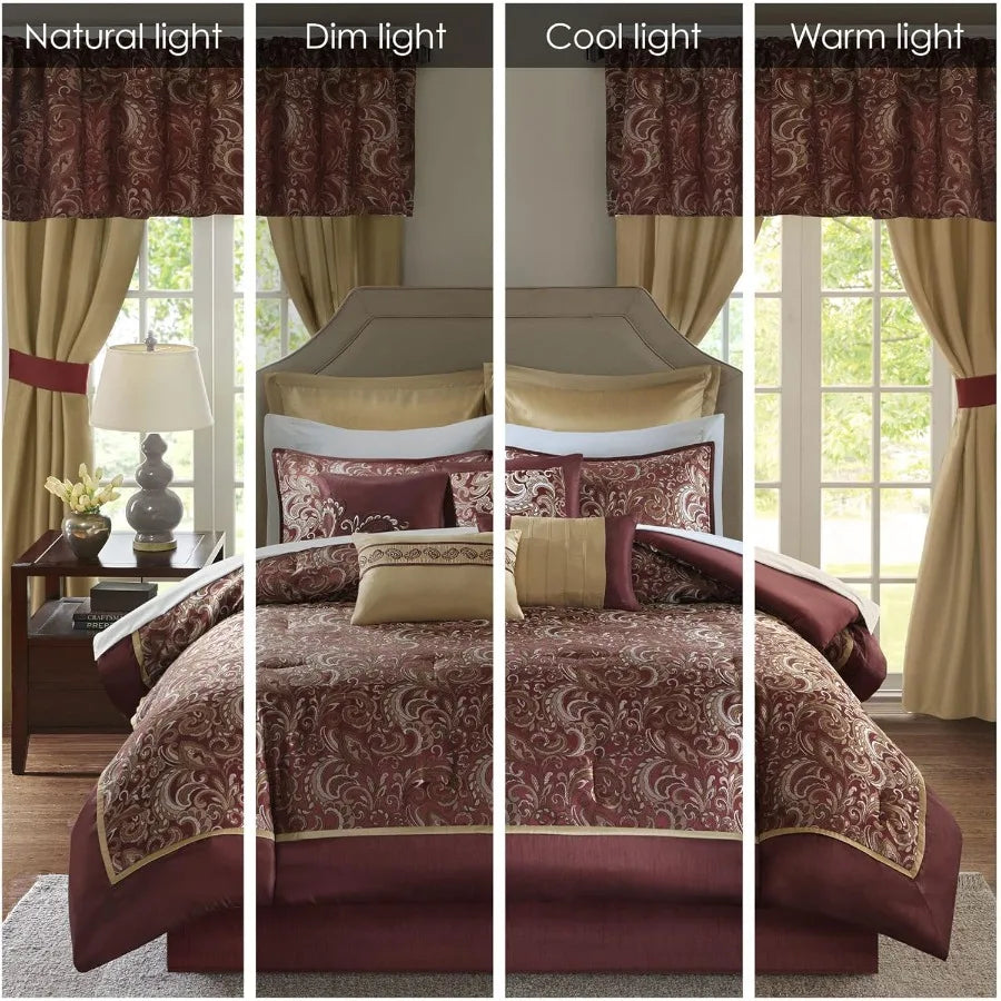 King Size Faux Silk Comforter Set with Jacquard Paisley Design and Matching Curtains Red Down Alternative Hypoallergenic All Se