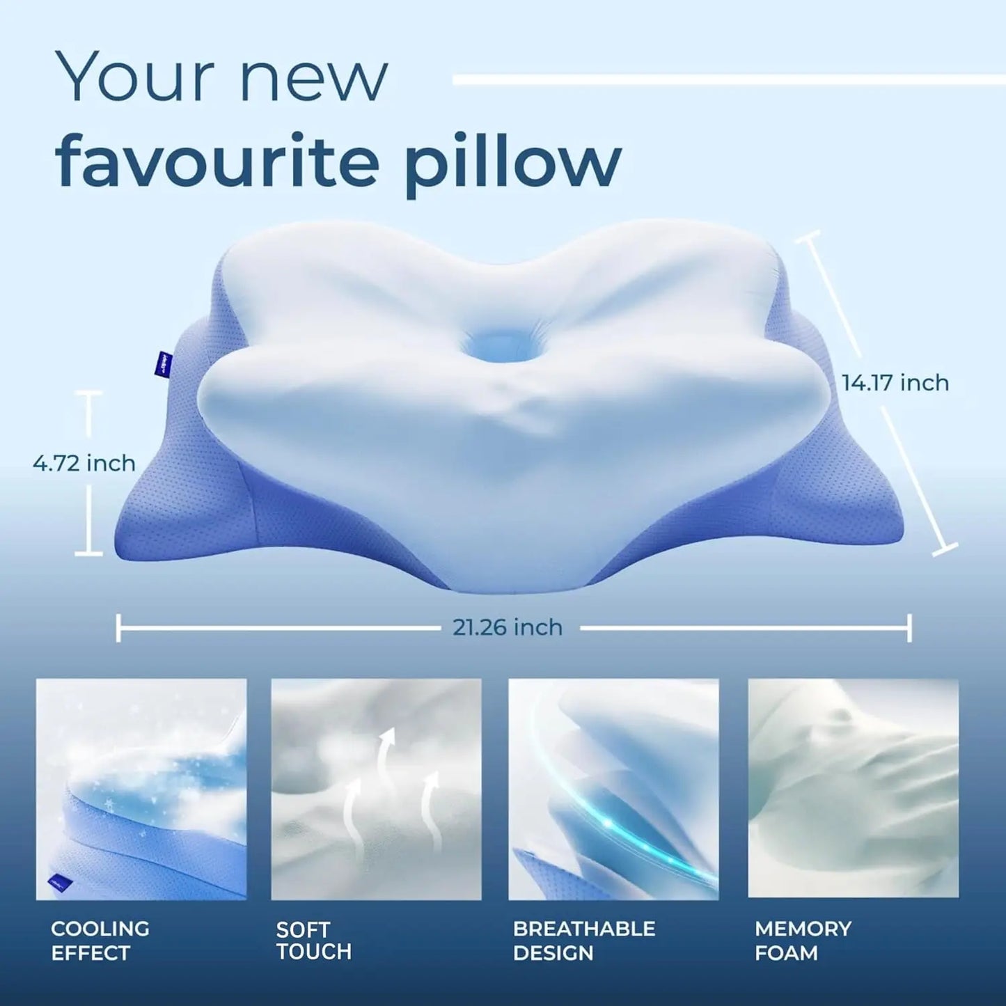 Ergonomic Cervical Neck Pillow for Sleeping, Memory Foam Contour Design for Back and Side Sleepers, 21.25x14.17x4.72 Inches