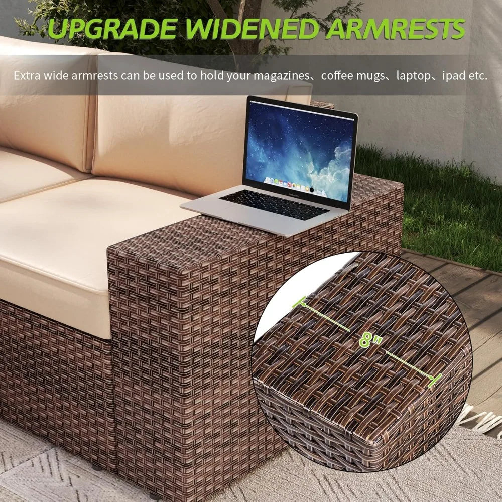 7 Piece Patio Furniture Set with 44 Inch Fire Pit Table Outdoor Wicker Parlor Set with Thick Cushions