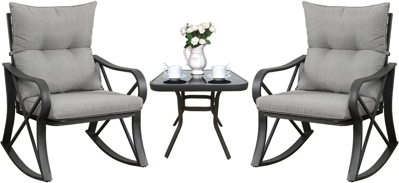 3-Piece Patio Rocking Chair Set with Gray Cushions and Glass Table for Garden, Pool, Backyard