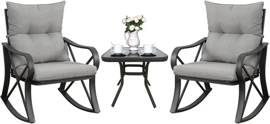 3-Piece Patio Rocking Chair Set with Gray Cushions and Glass Table for Garden, Pool, Backyard