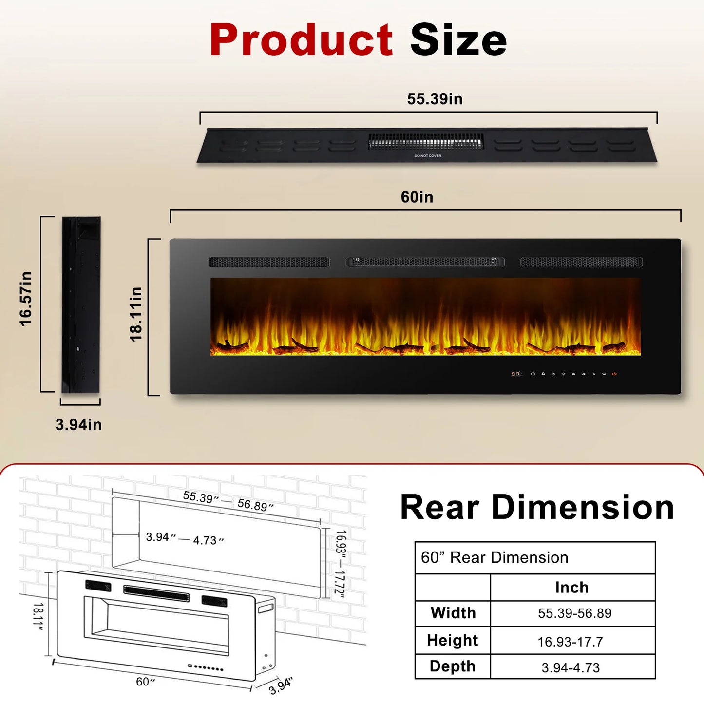 Electric Fireplace Recessed and Wall Mounted Low Noise Remote