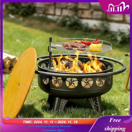 32 Inch Fire Pit with Swivel Cooking Grate,3-in-1 Wood Burning Firepit with Grill,Outdoor Fire Pits Table with Metal Customized