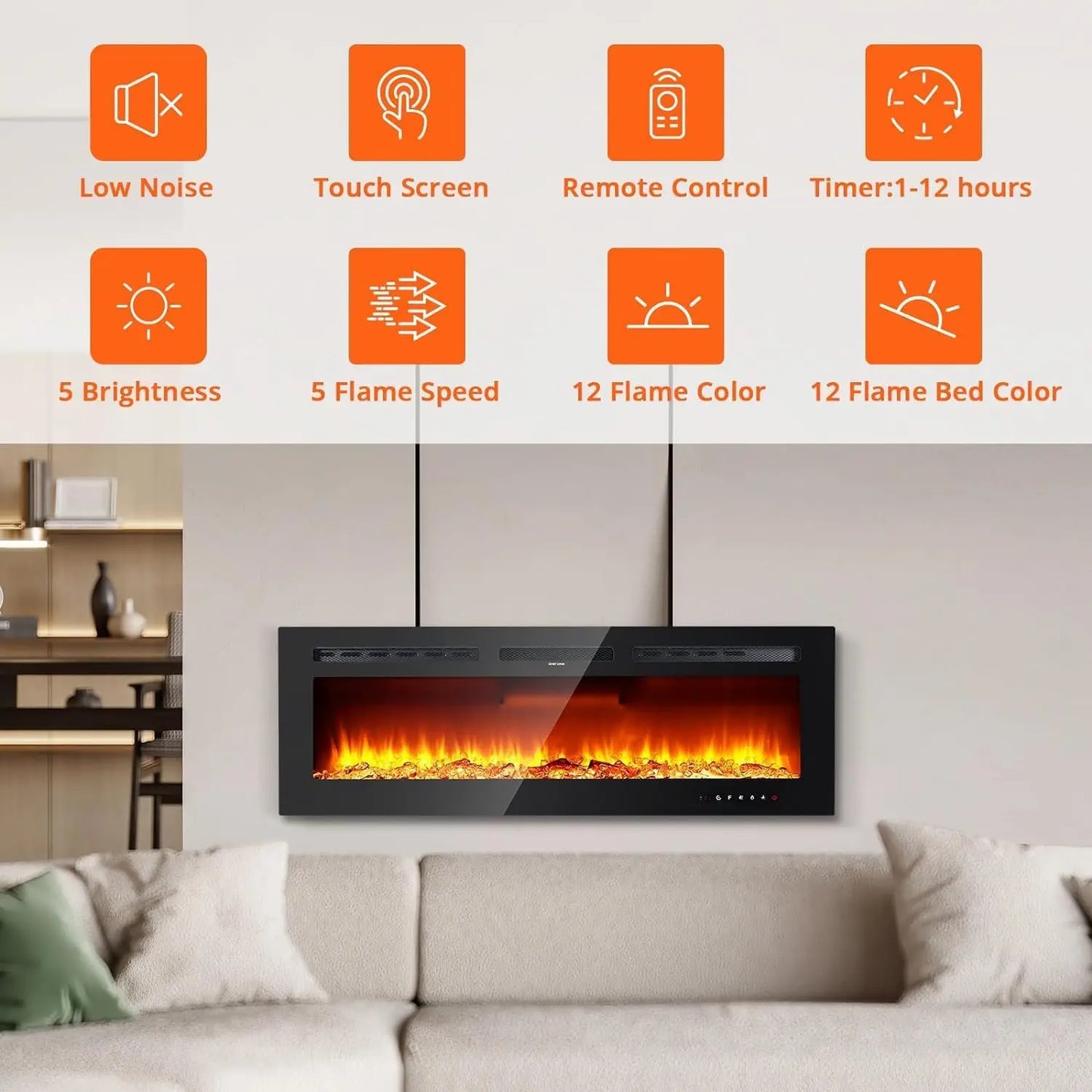 Acekool Electric Fireplace With Remote Touch Screen Wall Mount