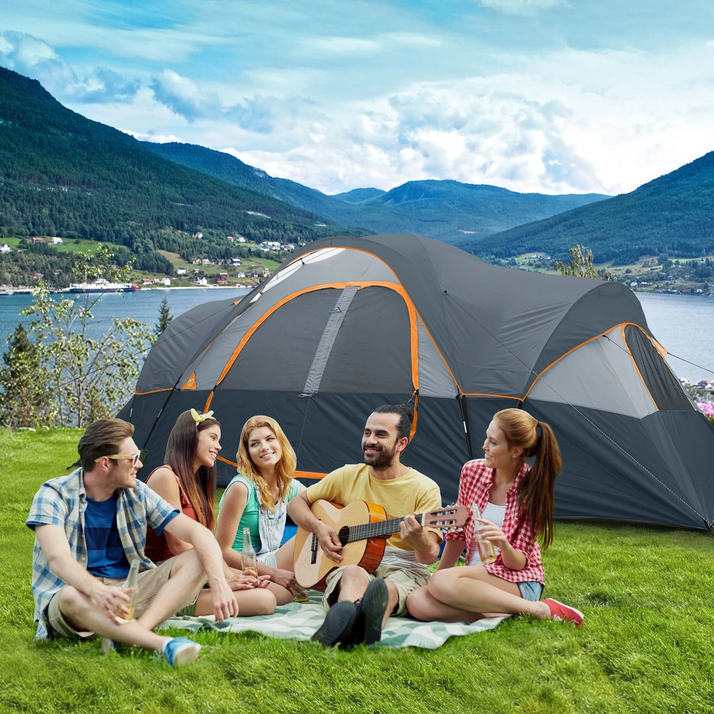 UNP Camping Tent 10 Family Tents,5 Large Mesh Windows, Double Layer, Waterproof, Weather Resistant, Parties, Music Festival