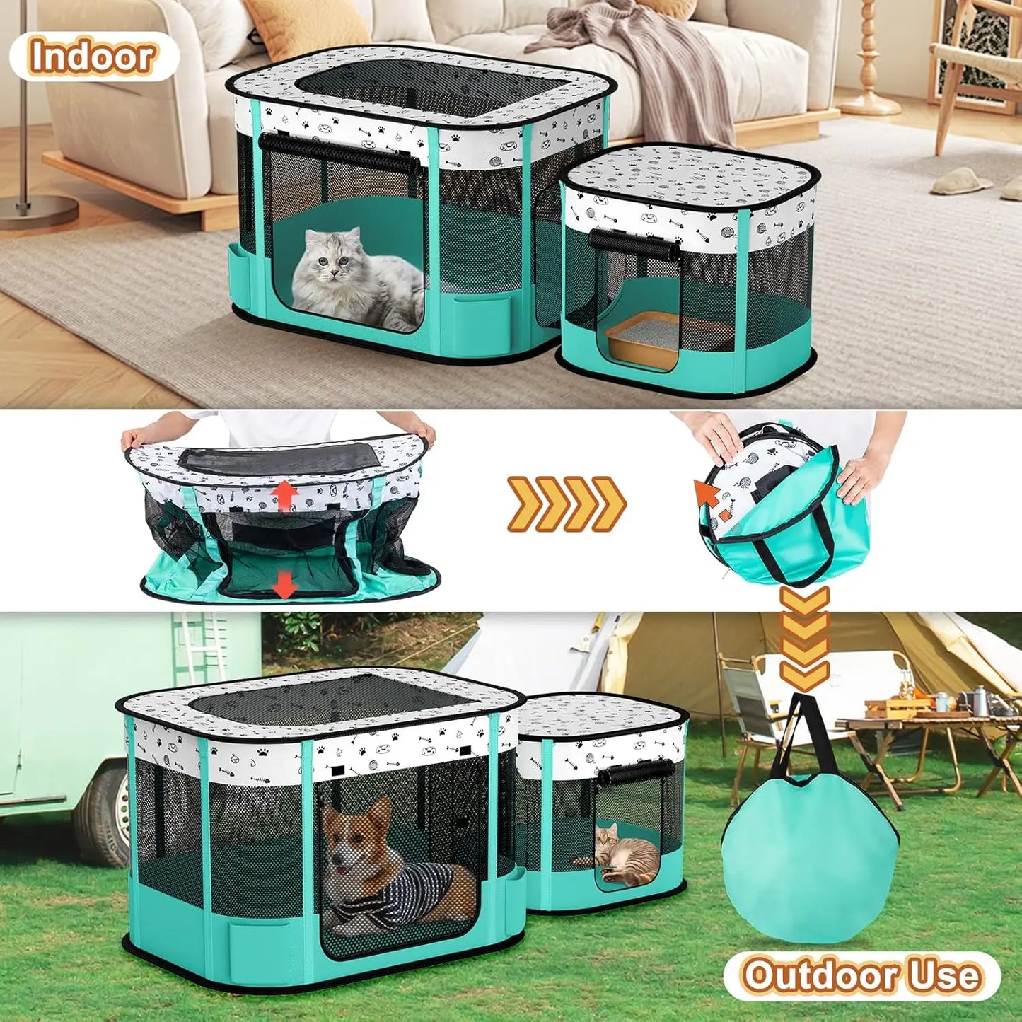 Foldable Pet Playpen with 8-Rod Stability, Indoor/Outdoor Use for Cats and Small Dogs, Easy Setup and Storage (32x24x22 inches)