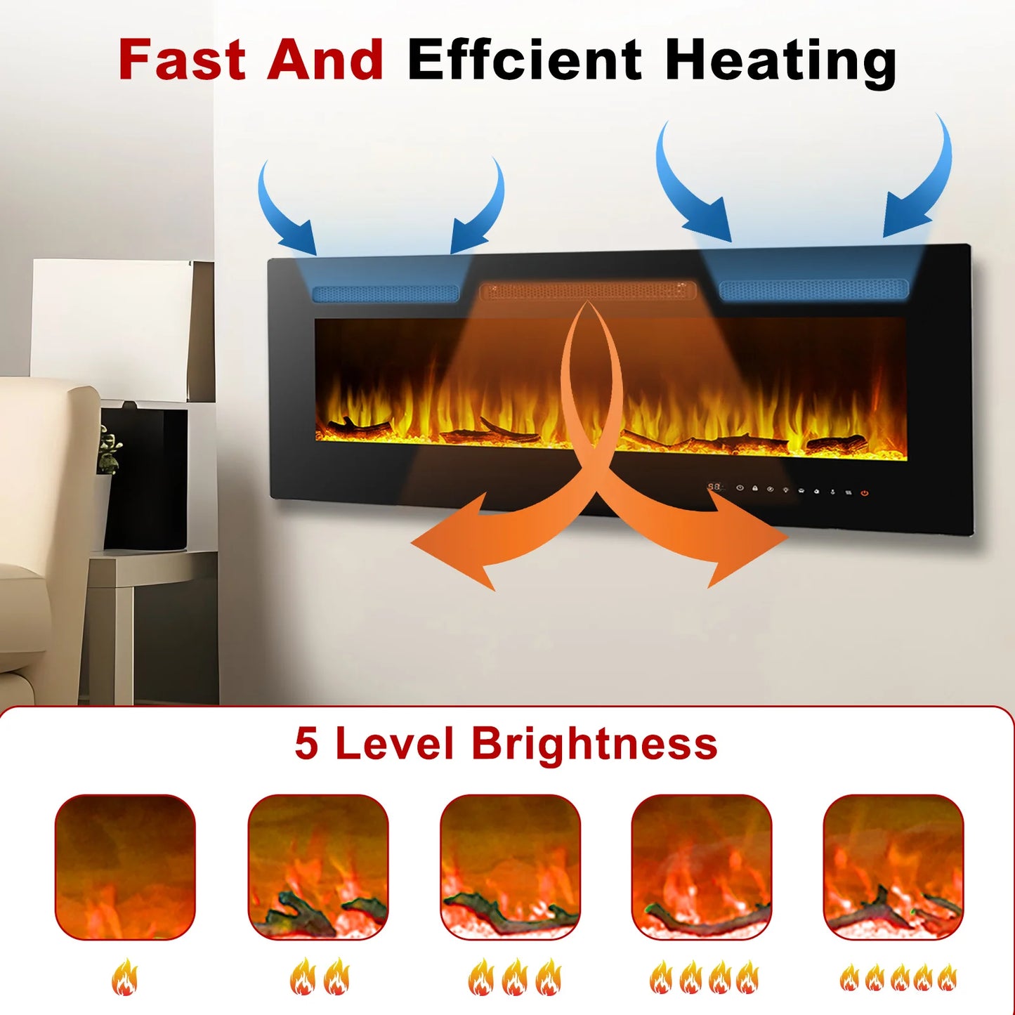 Electric Fireplace Recessed and Wall Mounted Low Noise Remote