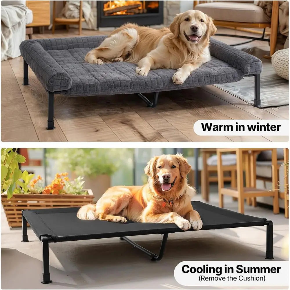 Elevated Dog Bed Large, Plush Bolster Cushion, Washable Orthopedic, Cooling Raised Pet Cot, Removable Mat, Breathable Mesh, No-S