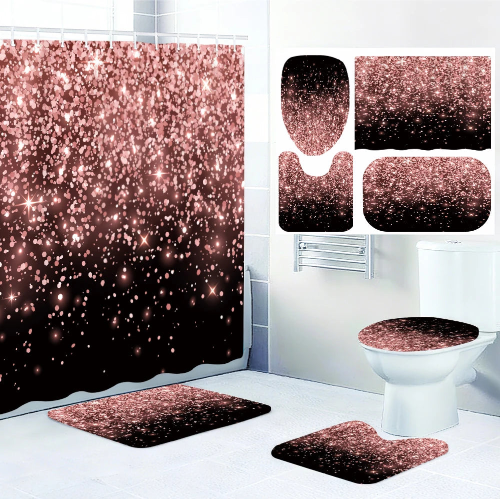 4pc black and pink shower curtain, 2D Flat Printing. Bathroom partition curtain, home decoration, modern home window