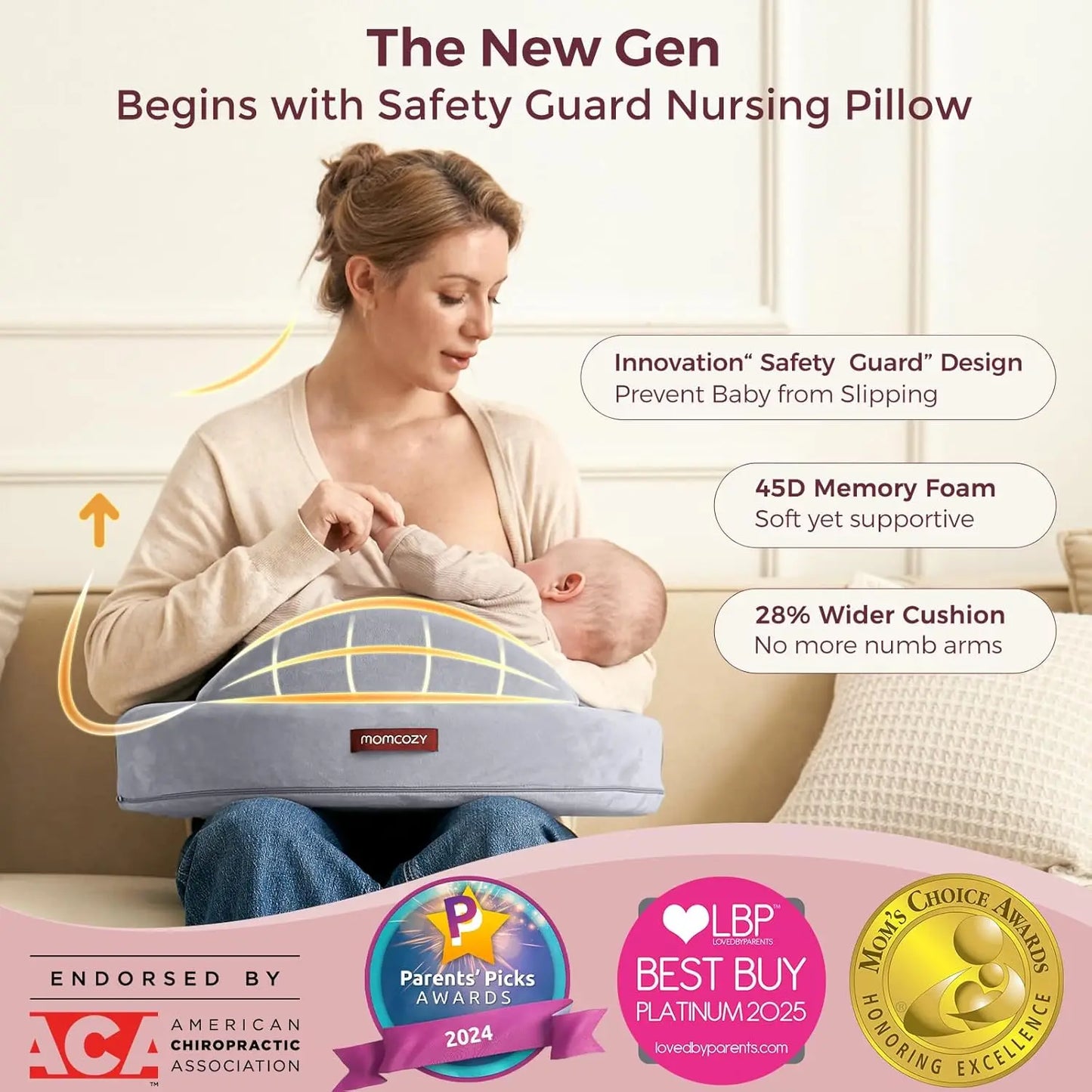 Ergonomic Nursing Pillow with Safety Fence - Firm Memory Foam, Adjustable & Washable Cover for Comfortable Breastfeeding