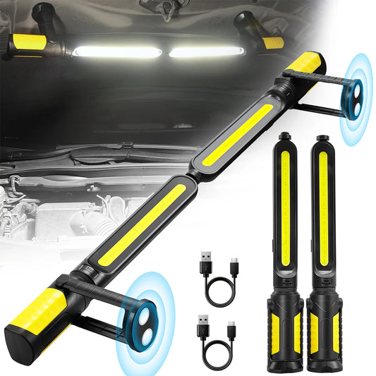 Dual Magnetic Work Lights 2 in 1, 2400LM Rechargeable Underhood Light,360° Rotation with Hooks for Car Repair, Garage, Emergency