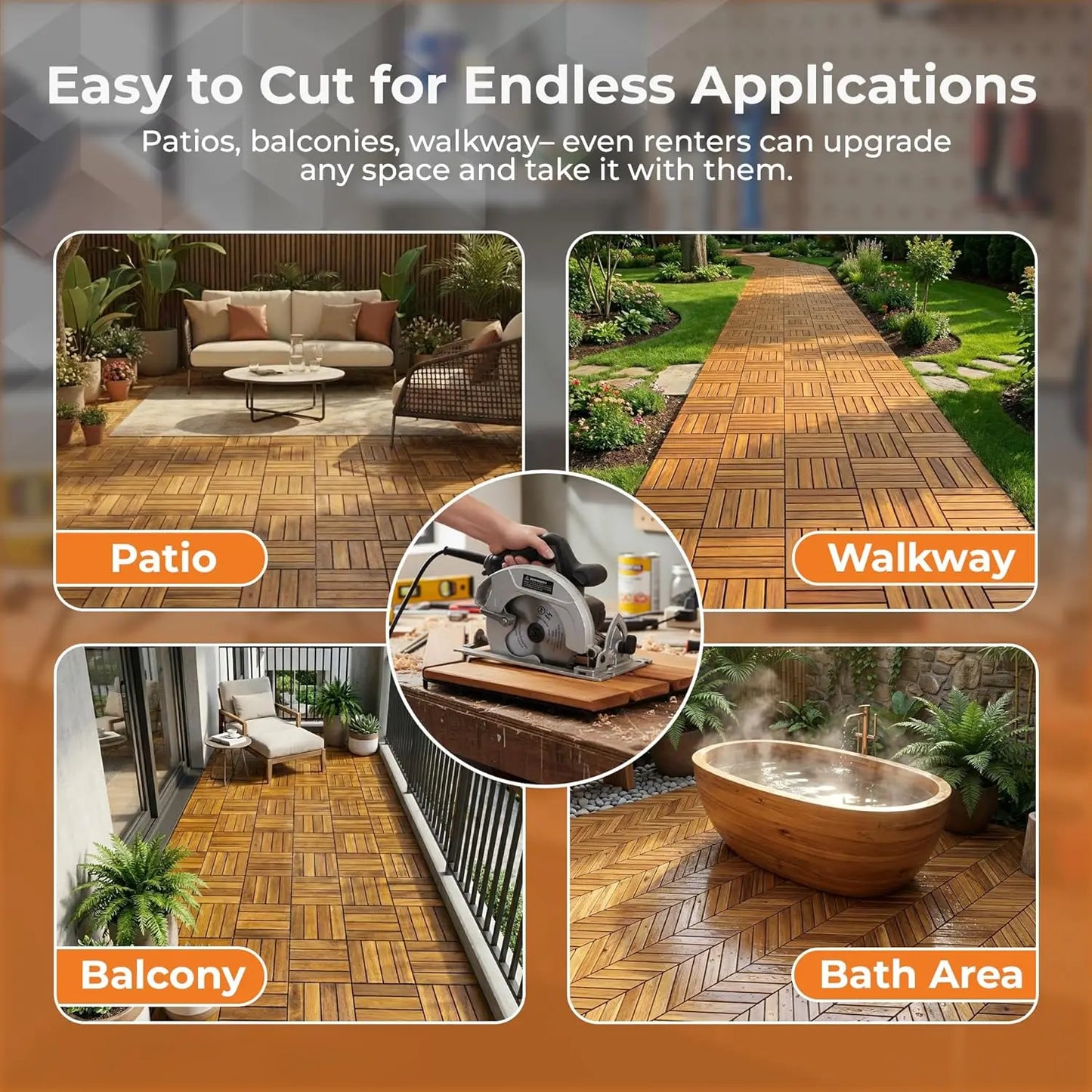Interlocking Slat Deck Tiles 12'x12'– Stylish Patio Tiles for Outdoor Flooring–Durable Acacia Wood